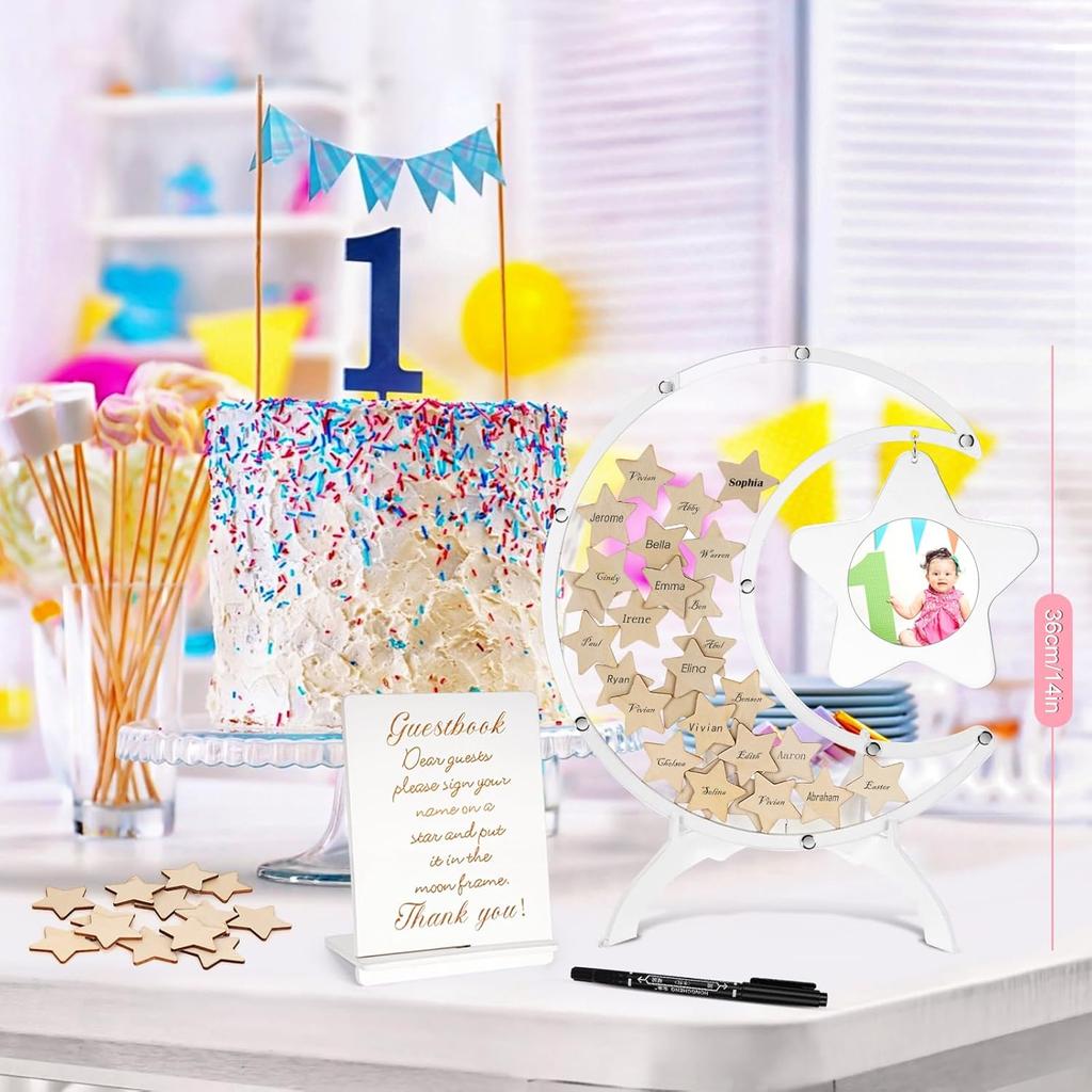 Baby Shower Guest Book, 68PCS Baby Shower Sign in Guest Book Baby Shower Decorations Moon Token Frame Star Wooden Keepsake Frame Baby Shower Decors