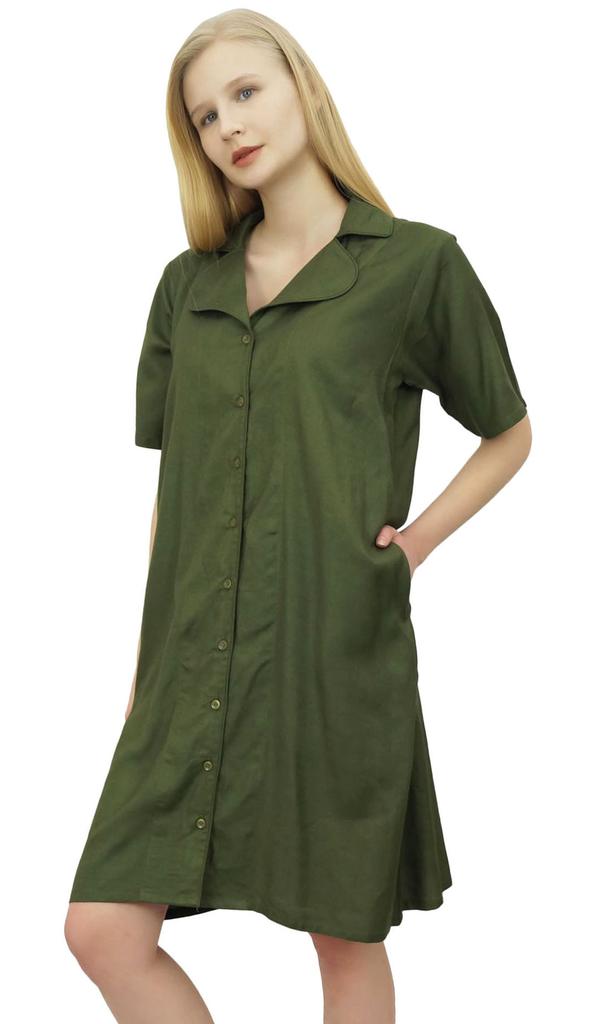 Bimba Women's Nightwear Beige Shirt Short Sleeve Dress With Pockets