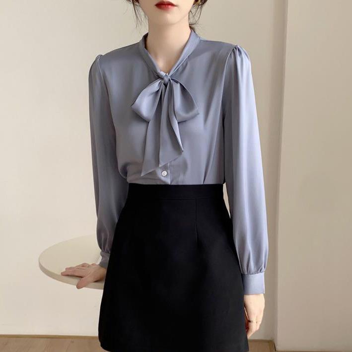 White shirt long sleeve bow top women's autumn 1116 new temperament design sense niche shirt