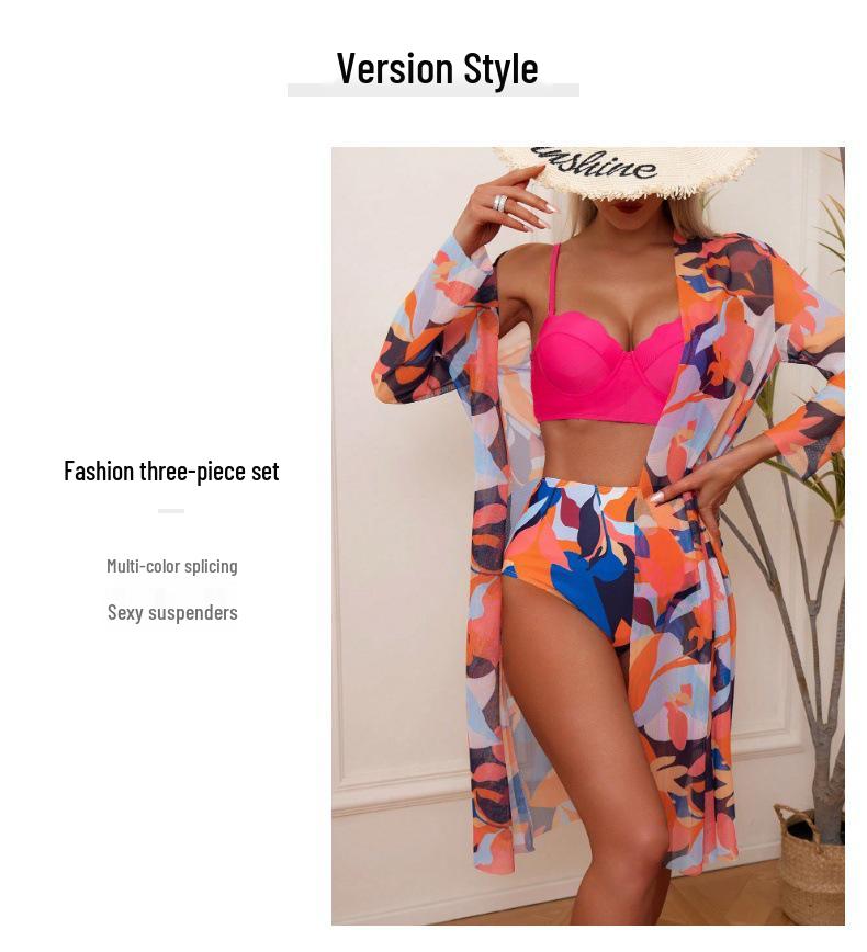Women's European & American Mesh Gathered Bikini: Sexy Printed 3-Piece Swimsuit Set.