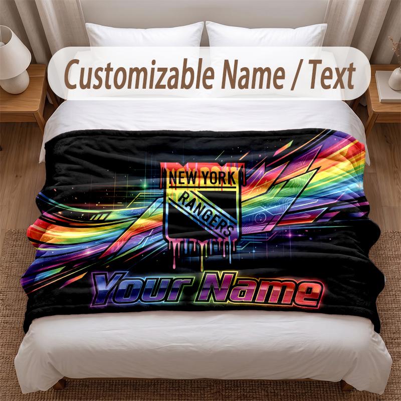 New York Rangers Printed Flannel Blanket Custom Name Text Soft Warm Throw For Bedroom Holiday Gift