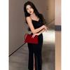Premium French golden velvet suspender dress for women's autumn and winter sexy tight fishtail long dress split hip wrap dress skirt