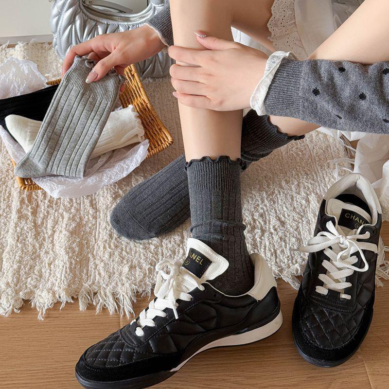 Socks For Women, Solid Color Double-Needle Fungus Edge Medium Long Tube Stacking Socks, Versatile Combed Cotton Confinement Socks