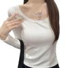 Petite Slim-Fit Women's Long-Sleeve White Lace T-shirt, Korean Style, Autumn/Winter, Gentle Inner Layer, Highlights Collarbone