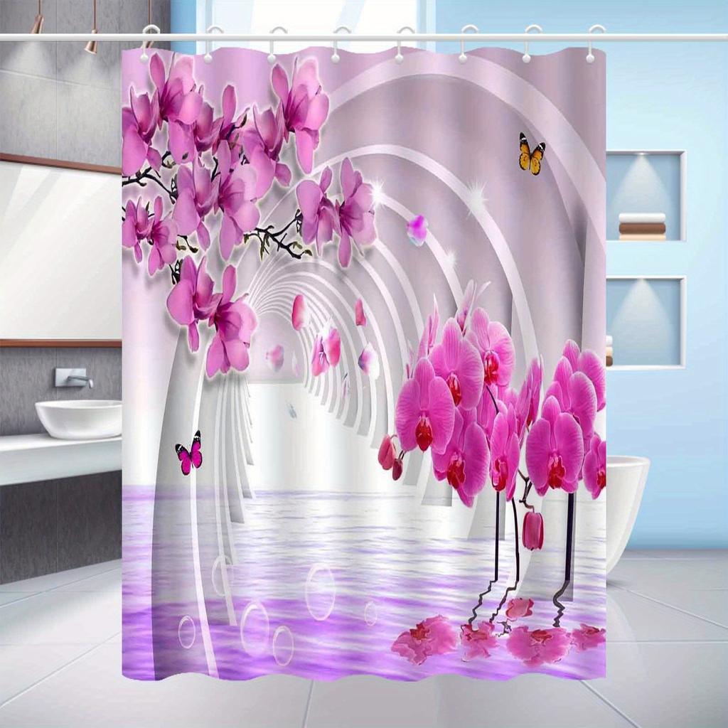 Rideau de douche Orchidée Orchidée Rose Reflet de l'eau Tunnel Art Design Fantaisie Décor Élégant Tissu Imperméable Ensemble Rideau de Bain