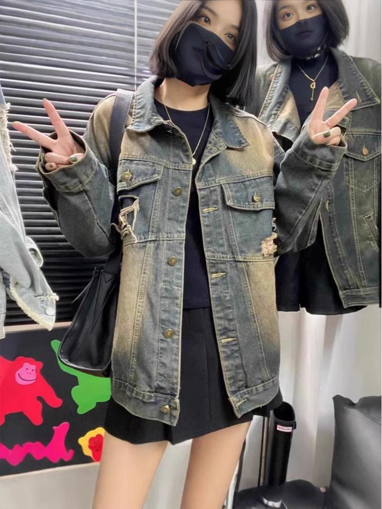 Women’s Retro Distressed Ripped Denim Jacket - Loose Mid-Length Long Sleeve, Spring 2024 Trend.