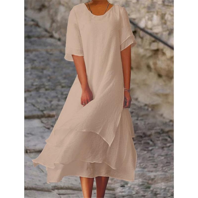 Sommer Damen Freizeit Doppellagig Geschlitzt Kurzärmelig Rundhals Kleid Einfarbig Schlicht Locker Große Größe Kühl Langer Rock