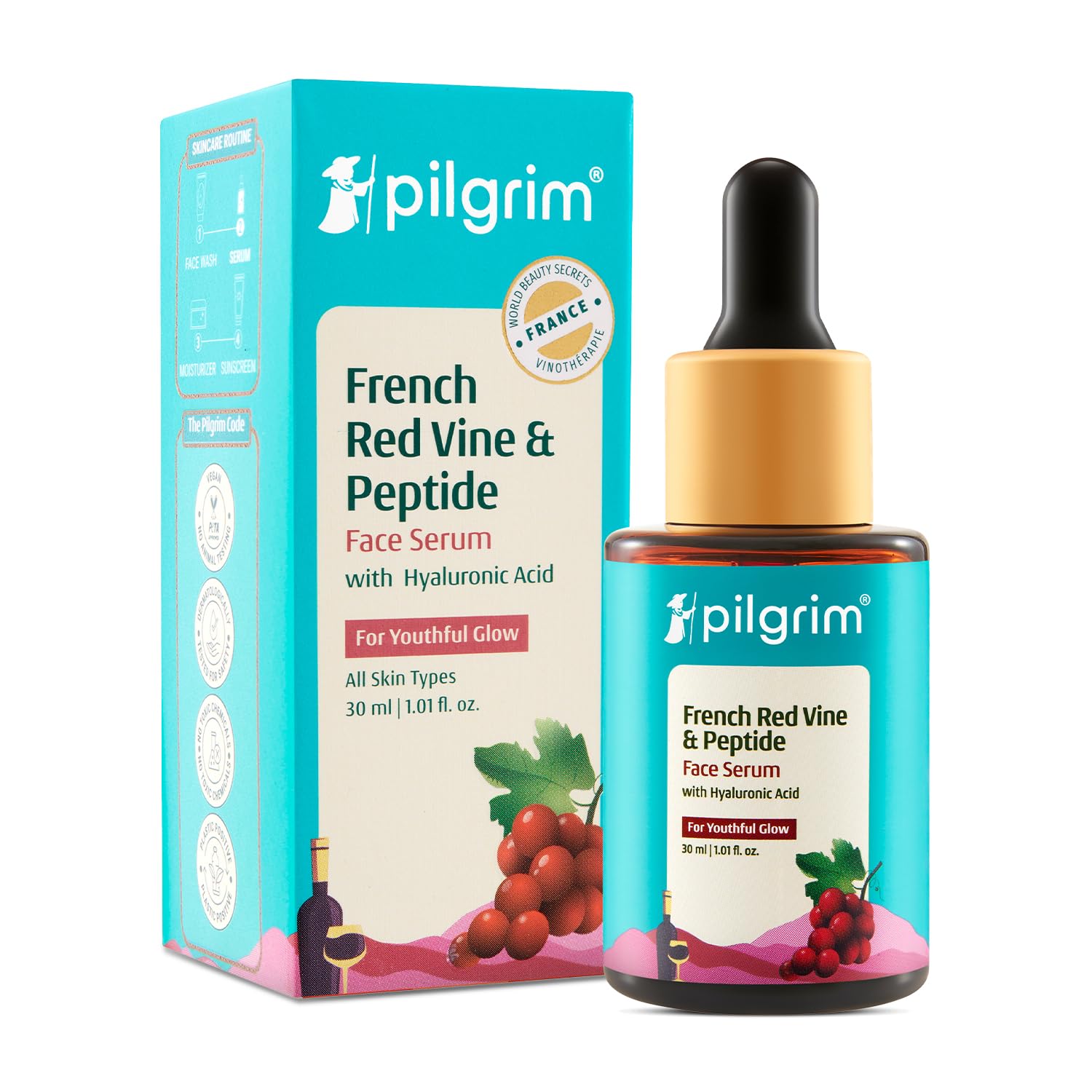

Pilgrim French Red Vine Face Serum With Hyaluronic Acid And Peptides For Hydrated, Firm Looking Skin 30 Ml Daily