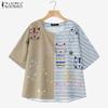 ZANZEA Women Casual Round Neck 3/4 Sleeve Loose Patchwork T-Shirts
