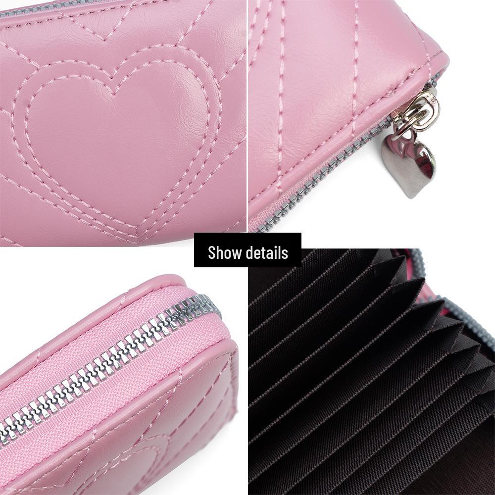 New Embroidered Heart Accordion Card Holder Coin Purse with Multi-Card Slots and Large Capacity Zipper.