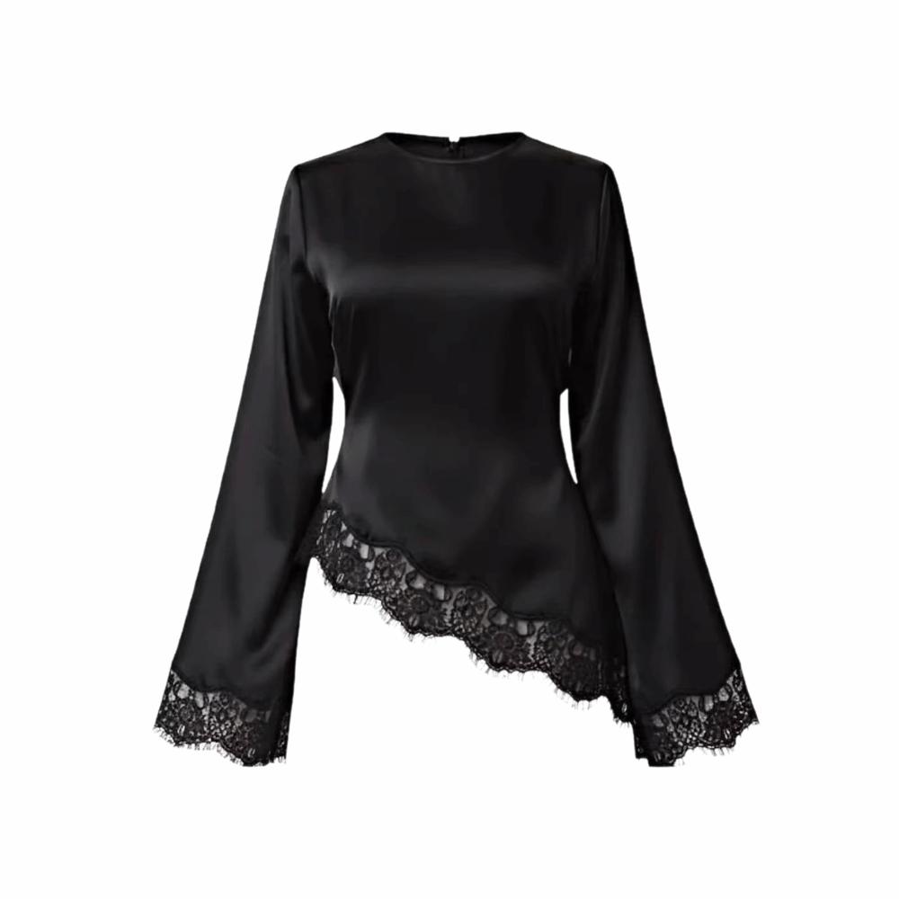 Rundhals Damen Schnür-Oberteile Taillenbetonierender Schlanker Gürtel-Bluse Spitzen-Patchwork Langes Hemd Sommer