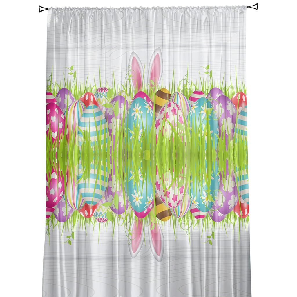 Easter Eggs Grass Rabbit Ears Sheer Tulle Window Curtains For Living Room Bedroom Kitchen Veiling Curtain Home Decoration