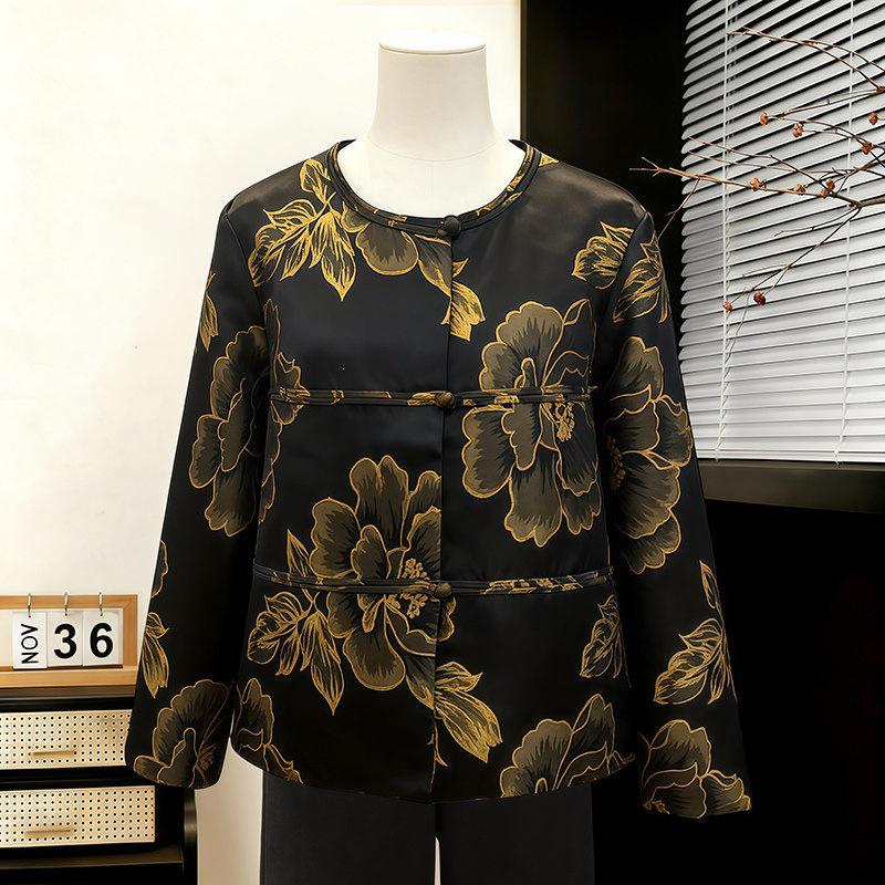

Elegant Temperament Frog Button Printed Jacket for Women - Spring 2026 Retro Round Neck Top 2XL (Recommended 53-60 kg)