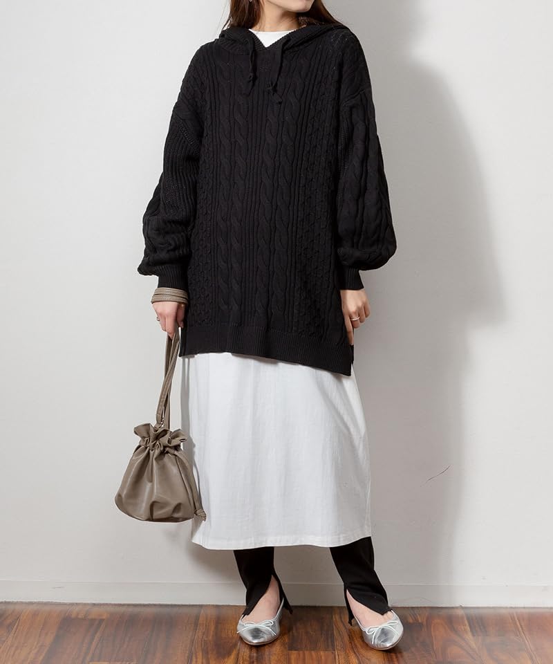 Cable Knit Black ATN-0024 [At One] Hoodie, Women's, M-L,