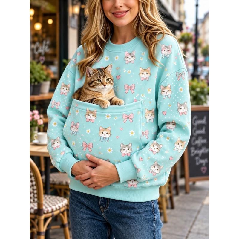 Christmas Cat Pocket Print Sweatshirt Retro Long Sleeve Top Holiday
