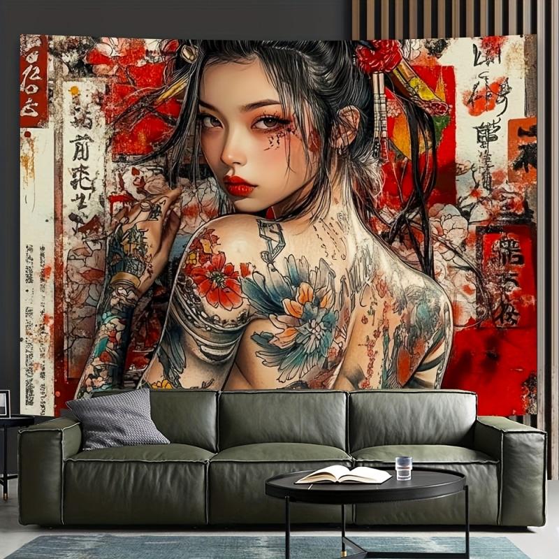 1pc, 2D flat, Japanese tattoo-style backdrop for women - suitable for home, office, party decorations, interior décor, wsj