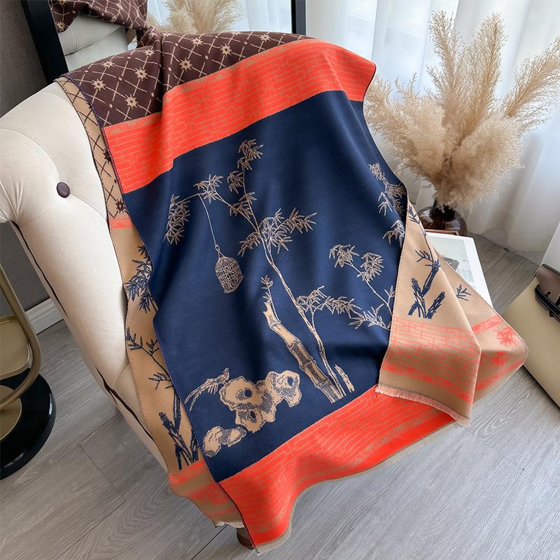 National style Wenzhu antique retro women's imitation cashmere short beard fringed warm scarf shawl scarf