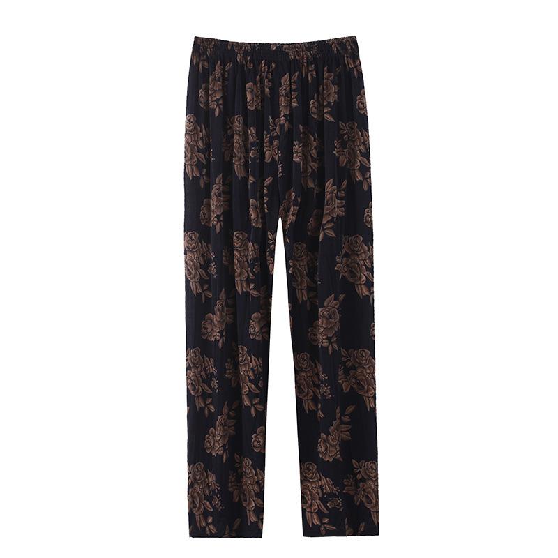 Pantaloni largi din mătase de gheață de vară pentru femei, cu imprimeu floral, pantaloni tăiați ocazional, elastici cu talie înaltă, de dimensiuni mari