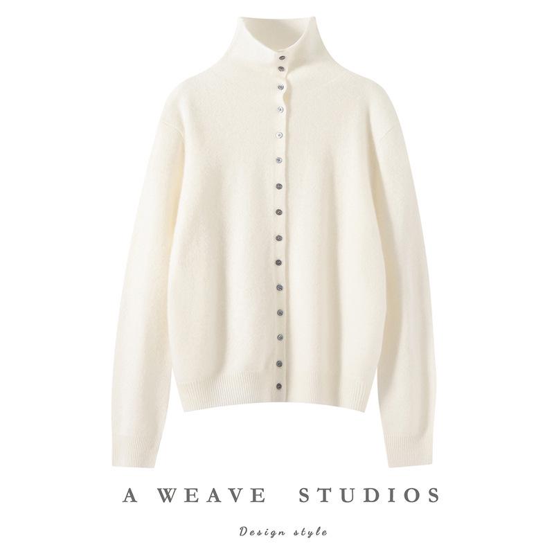 Women's High-Neck Cashmere Knit Cardigan - Solid Color, Single-Breasted, Loose Fit, Slimming Winter Coat