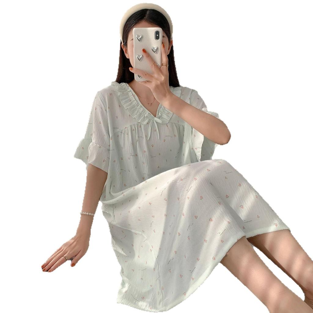 Cloud Cotton Summer Pajama Dress - Women's Short Sleeve Sweet Girl Print Homewear
