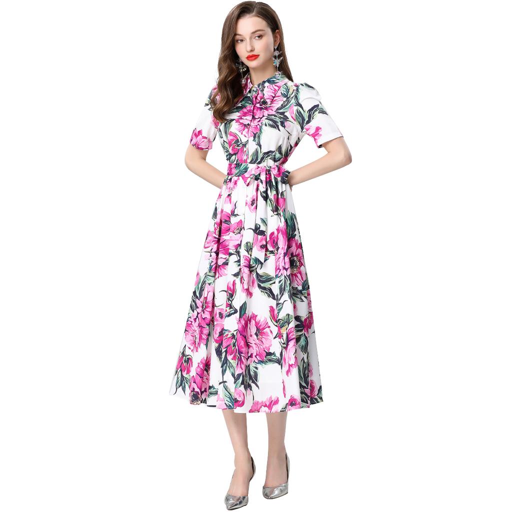 Casual Shirt Dress Women's Lapel Rose Printed Single Breasted Lace Up Belt Short Sleeve Midi Long Summer Dress