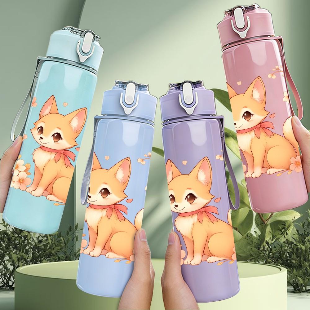 1PC Soft Wreath Fox Cartoon 750ml Color Plastic Sports Water Bottle Leakproof Flip Straw Lid Suitable for Sports Office Home Use