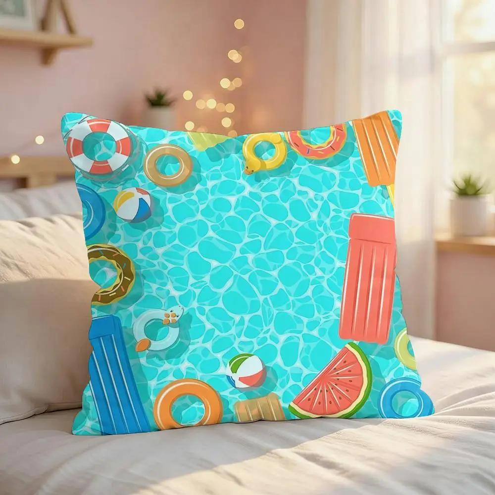 Summer Pool Oil Art Ins Cushion Cover Silky Short Plush Invisible Zipper Dustproof Sofa Pillow Case For Home Decor