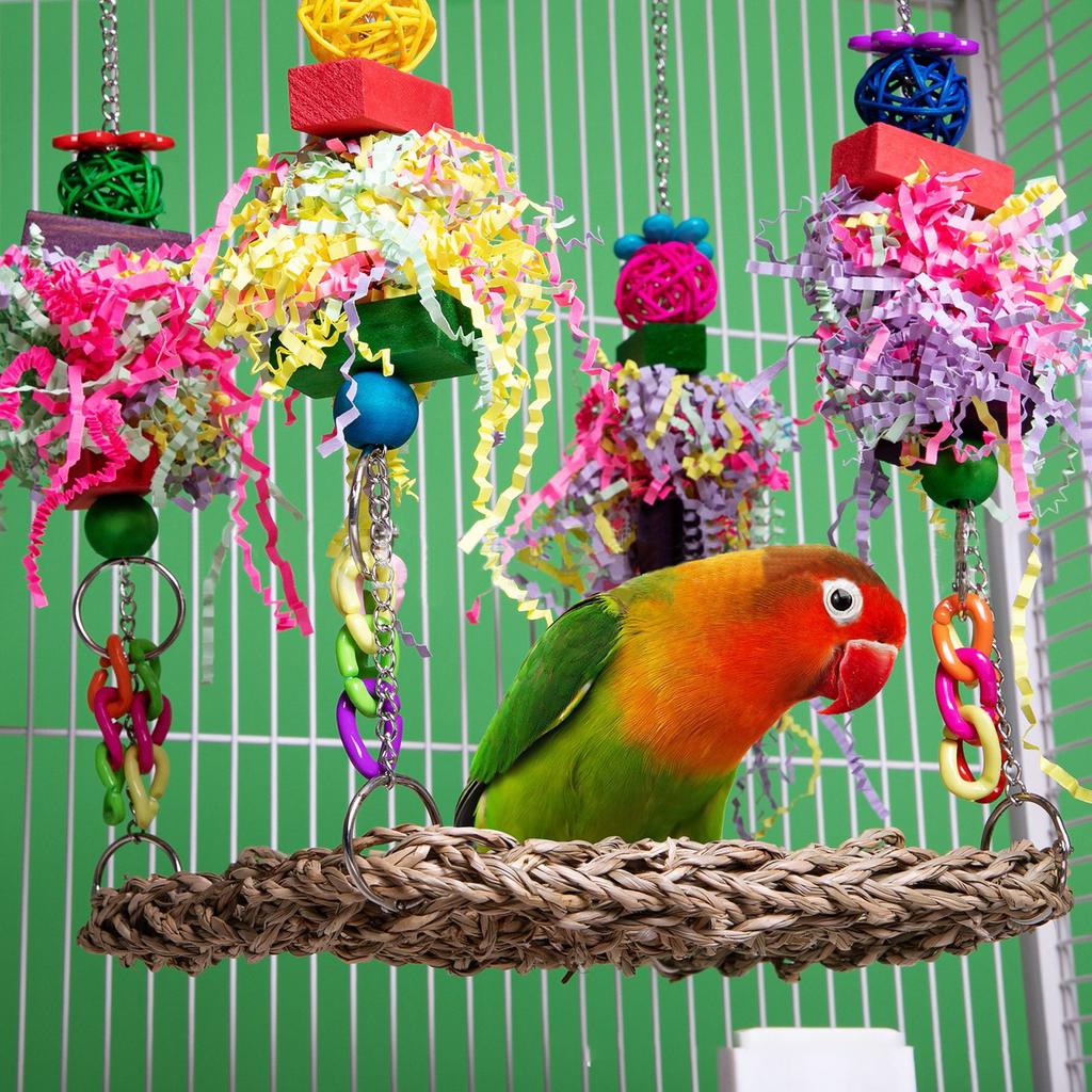 Bird Cockatiel Toys Foraging Swing Mat Rattan Small Bird Hanging Swing Foraging Toy for Birds Shredding Seagrass