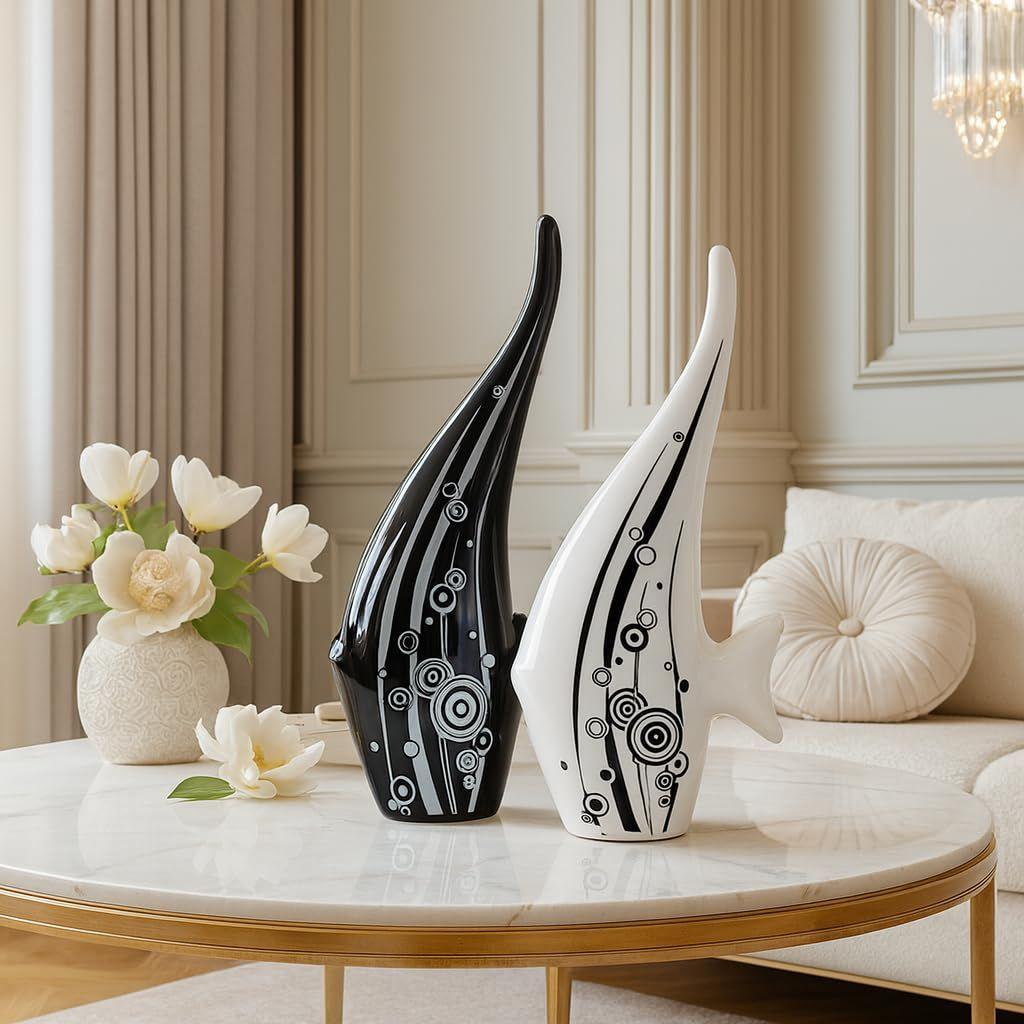 

Современная минималистская черно-белая фигурка рыбы-пузыря | Красивый декор для дома- (Комплект из 2 шт.), керамический