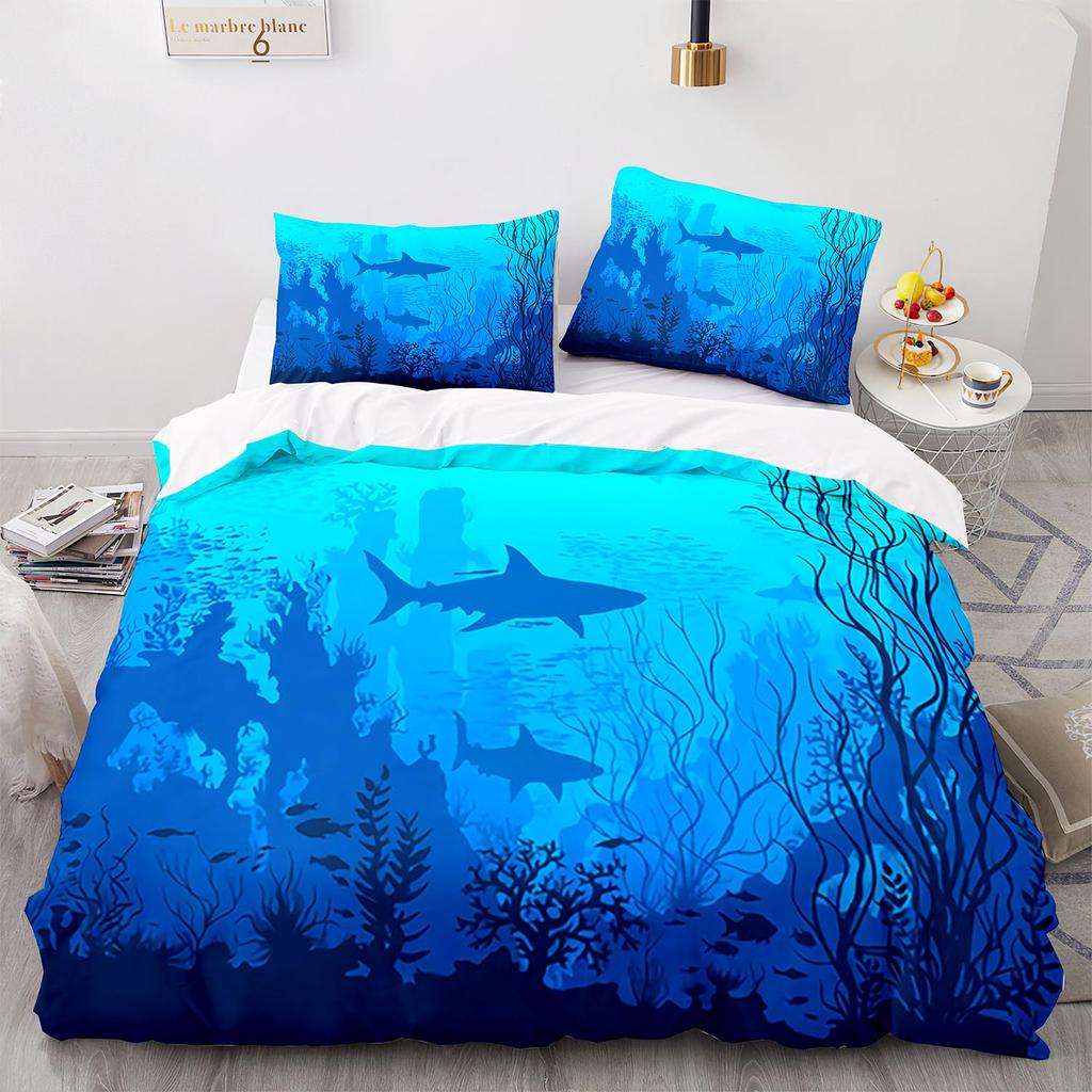 Blue Sea World Bedding Sets 3D Print  Sea Animal Dolphins Sharks And Cartoon Quilt Queen Duvet Cover Set Kids Adult Bedclothes