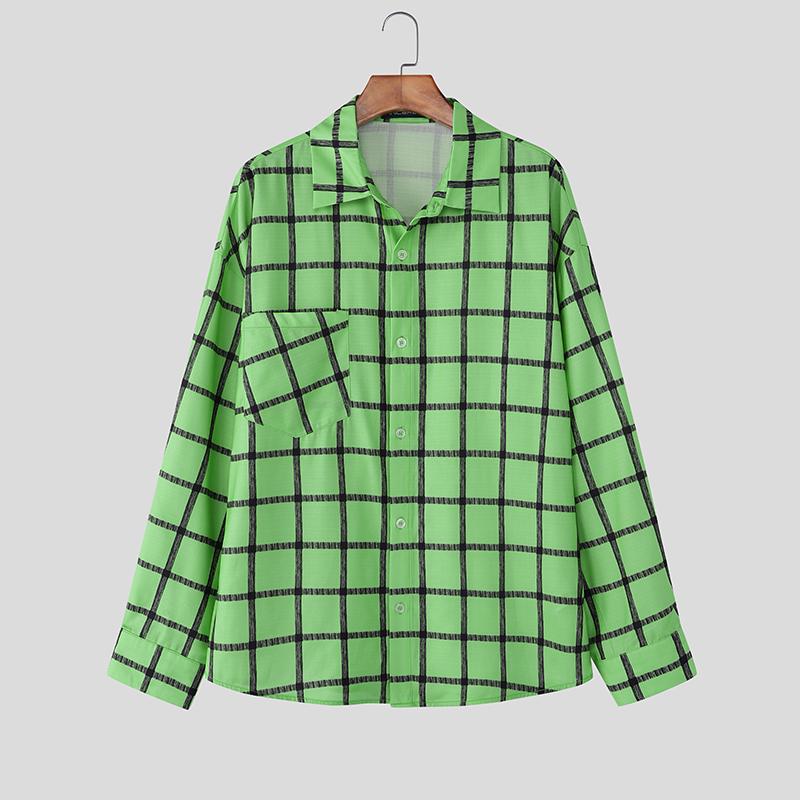 

INCERUN Oversized Men Turn-down Collar Long Sleeve Plaid Casual Loose Shirts 5XL светло-зеленый