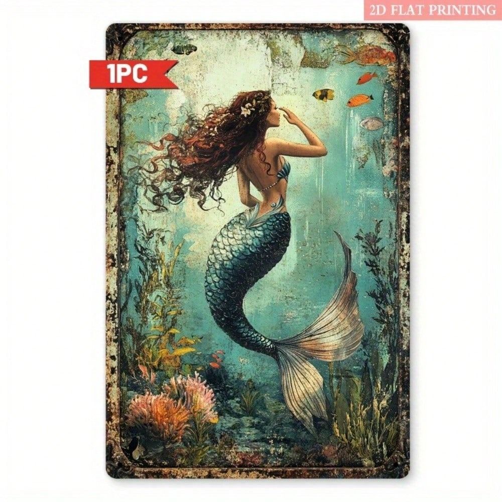 Vintage Mermaid Metal Tin Sign Red Hair Ocean Waves Bedroom Decor 20x30cm