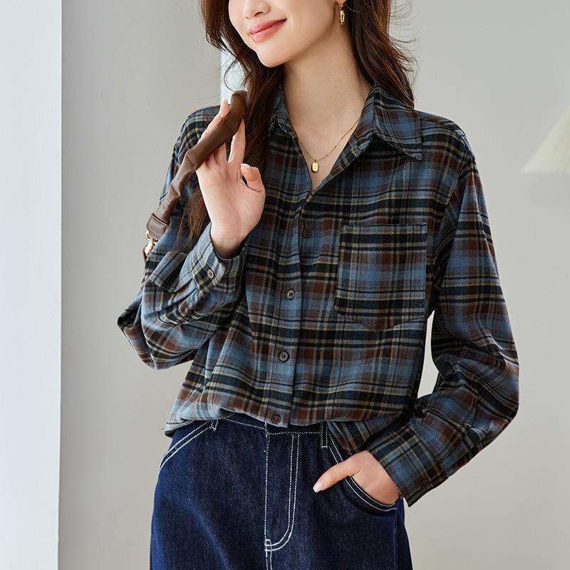 Sausage Dog Plaid Shirt for Women Long-sleeved Spring and Autumn Clothes New Style Hong Kong Style Retro Top