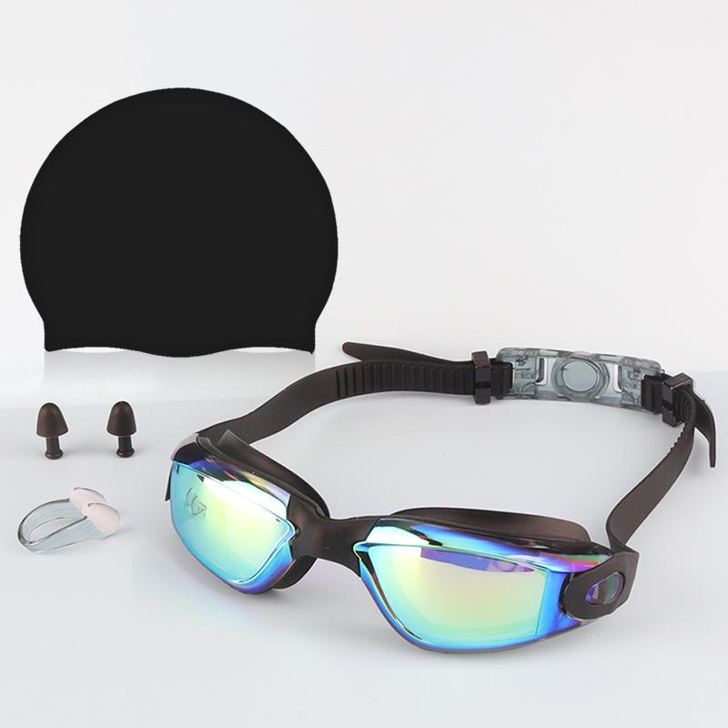 Adult Waterproof Four-Piece Swim Set: Anti-Fog Electroplated High-Definition Goggles with Swim Cap.