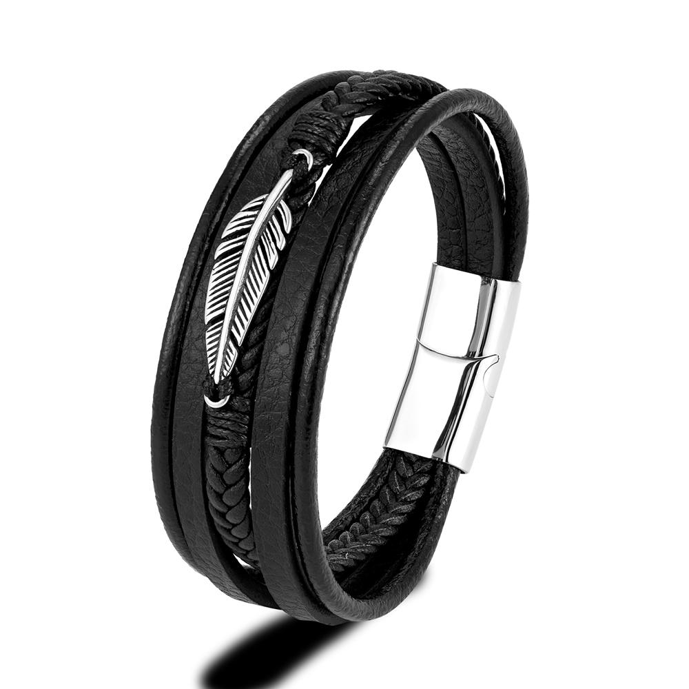 Simple Classic Feather Genuine Leather Bracelet Braided Multilayer Stainless Steel Magnetic Clasp Wrap Bangle
