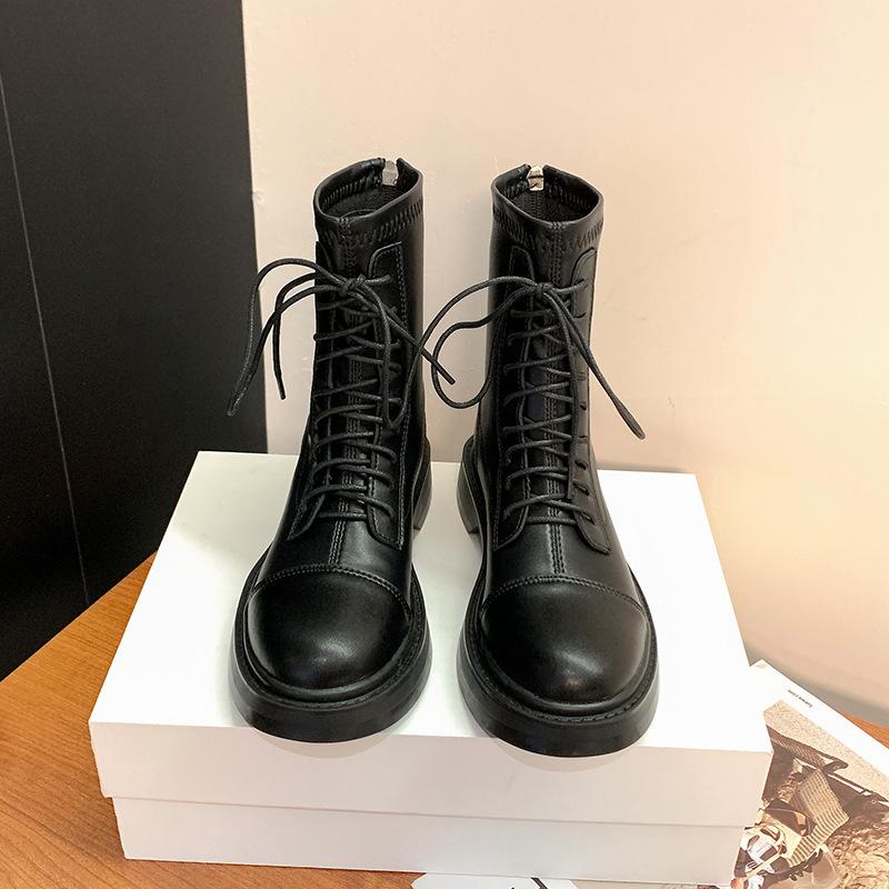 Autumn and winter new leather British style short boots thick-soled Martin boots inner heightening elastic boots thin boots