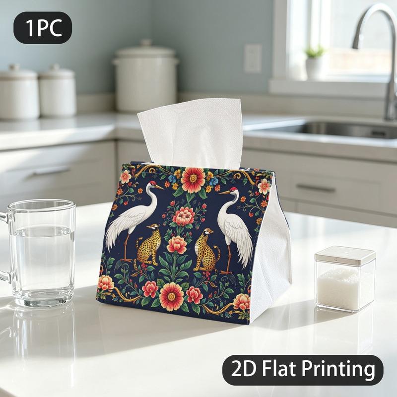 1pc Tissue Box, Ornate Folk Art Cranes Leopards Floral Symmetrical Pattern, 2D Flat Printing, Multi-Use, Durable Construction, Tissue Bag, for The Din