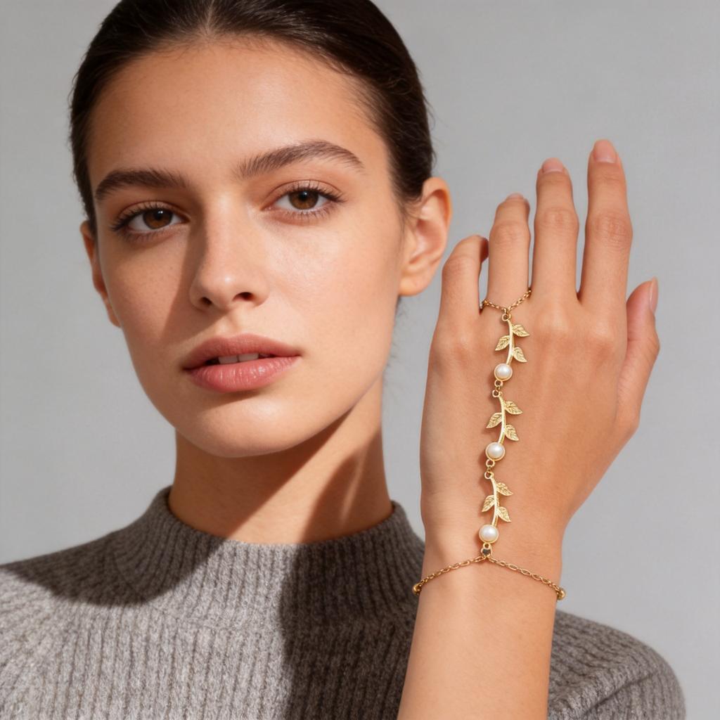 Personalized Green Zircon Leaves Tassel Chain Finger Bangle for Women Gold Color Geometry Knuckle Ring Bracelets Jewelry Gift