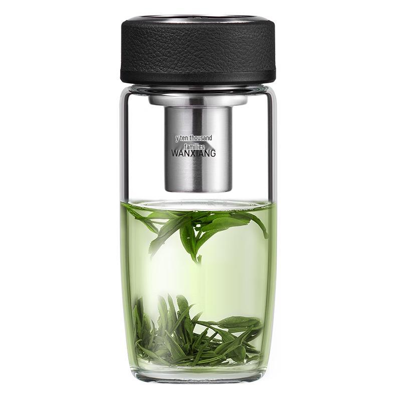 WANXIANG Classic Leather Pattern Glass Tea Water Bottle with Filter, 390ML