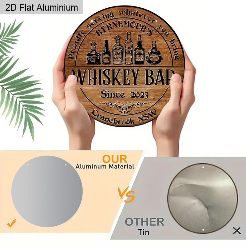 2D Flat Aluminum Whiskey Bar Sign for Home Bar Decor - Rustic Round Metal Plaque - Vintage Man Cave Accessories & Wall Art for Garage, Basement