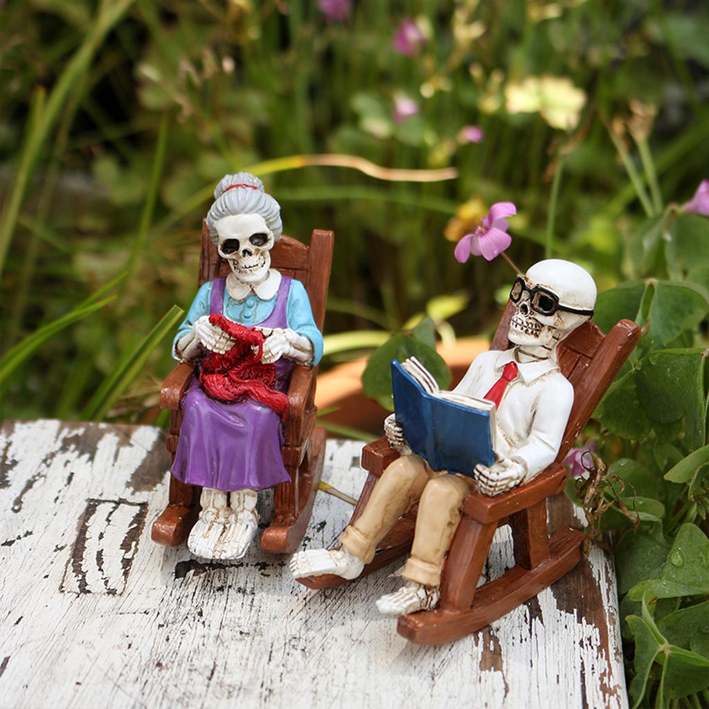 Gothic Rocking Chair Skeleton Elder Statue Halloween Decor Creepy Resin Skull Art for Home Desk Office Study Punk Dark Decor