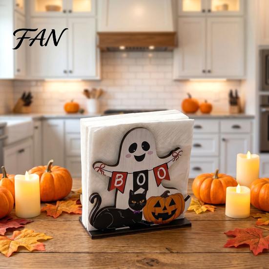 Festive Desktop Storage Ornament Halloween Ghost Wooden Napkin Holder, Cute Paper Towel Decorative Cartoon Tray Stand, Freestanding Tissue Dispenser