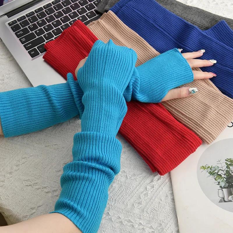 

Y2K Women Knitted Arm Warmer Long Fingerless Gloves Mitten Winter Solid Arm Sleeve Fashion Casual Soft Girls Clothes Punk Gloves one size светло-синий