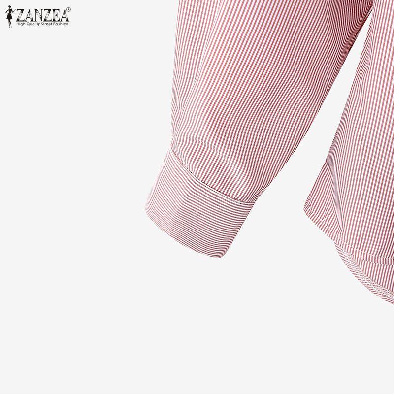 ZANZEA Women Casual Turn Down Collar Long Sleeve Loose Stripe Blouse
