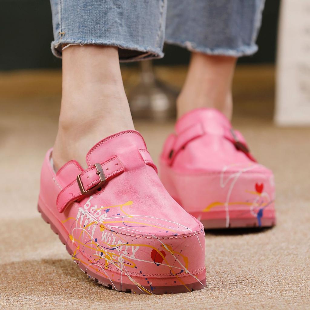 Johnature Hand Drawn Genuine Leather Thick Soled Shoes Fashion Round Toe Height Increasing Slippers