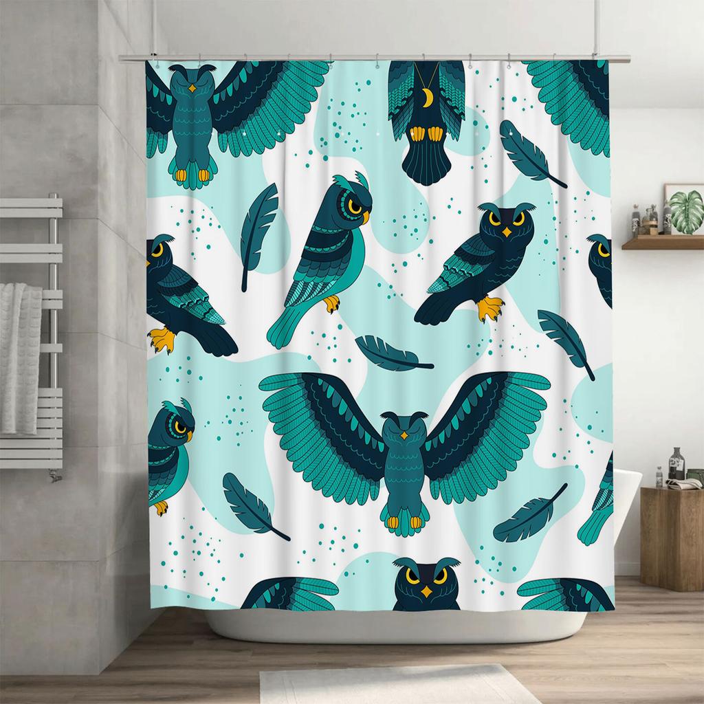 Whimsical Owl Bath CurtainVivid Blue Feather Print Shower Curtain with Moon Motif Perfect for Bathroom Decor