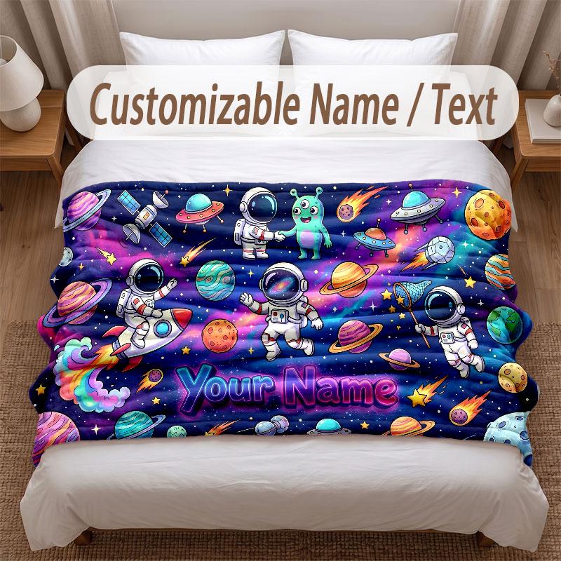 Astronaut Space Theme Soft Blanket Personalized Custom Name Text Print Warm Blanket Home Sofa Bedroom Decor