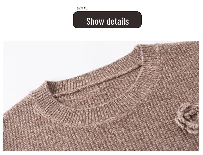 3D Flower Woolen Sweater - Women's Round Neck Autumn & Winter Versatile Base Shirt  