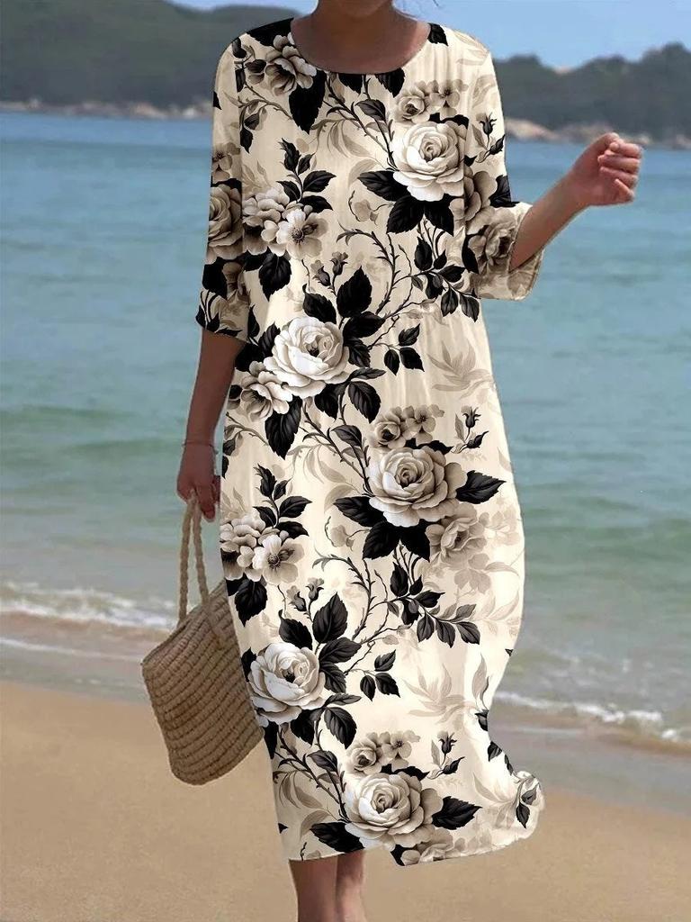 European and American New Large-size Dress Women's Clothing Seaside Vacation Printed Loose Long Dress
