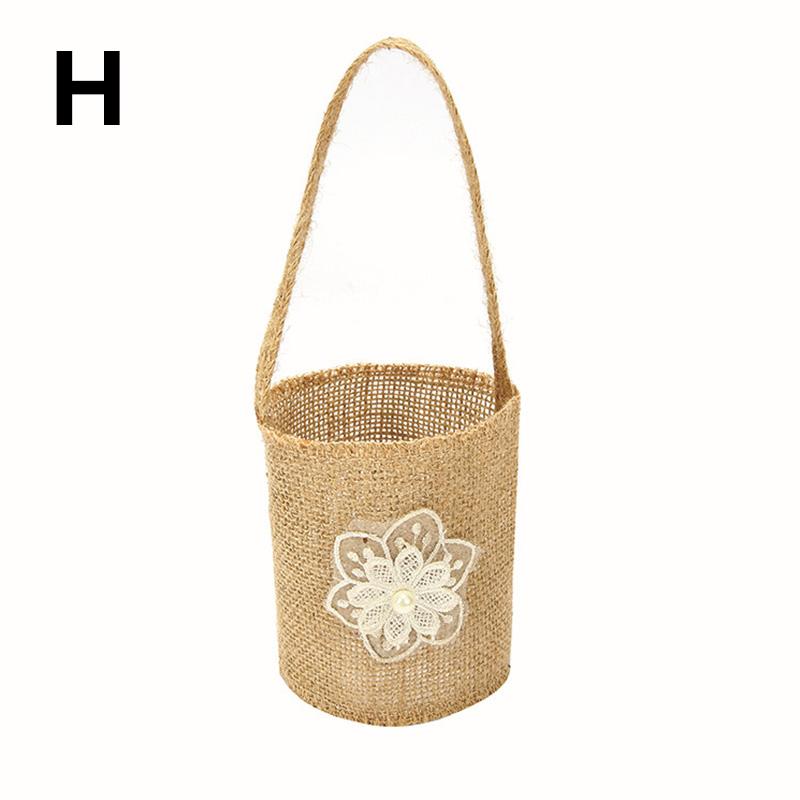 Wedding Lace Burlap Flower Basket Linen Handle Vintage Flower Basket Rustic Wedding Ceremony Lace Satin Flower Basket